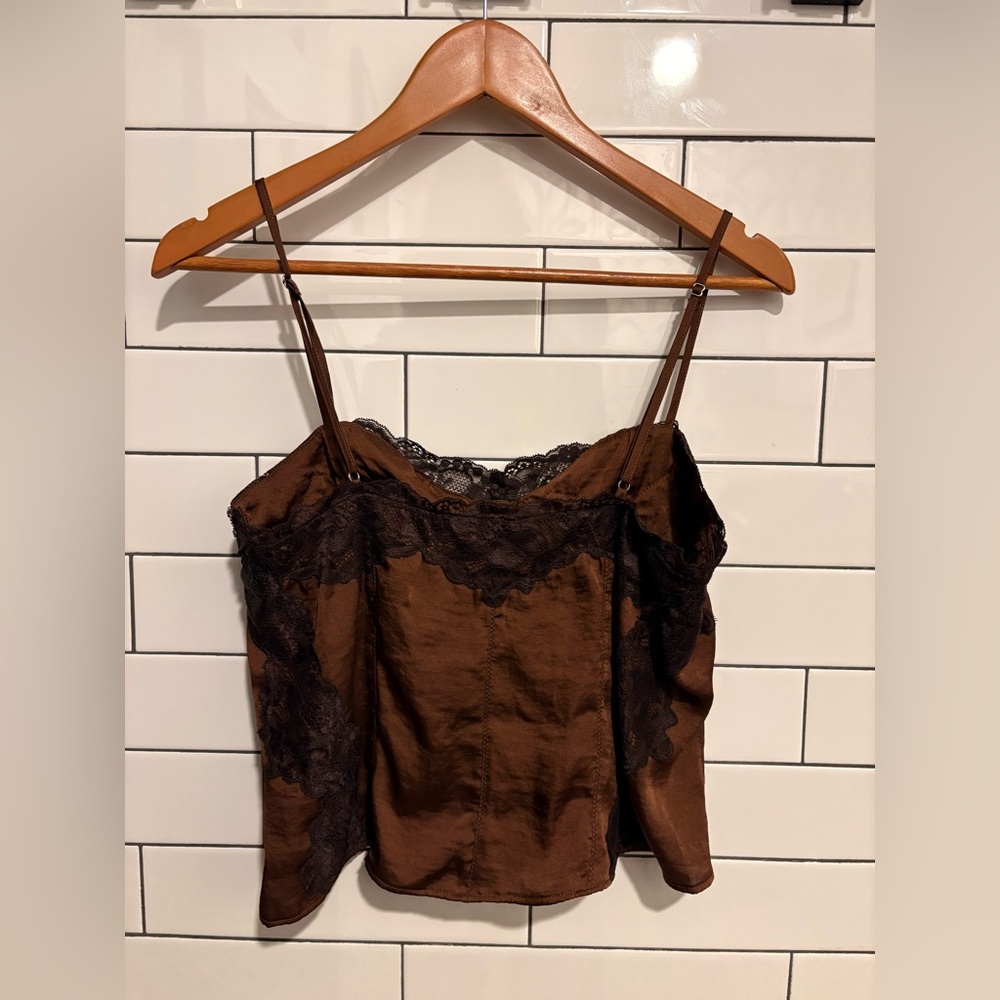 Intimately Free People Brown Satin Lace-Trim Camisole Top M - Picture 3 of 4